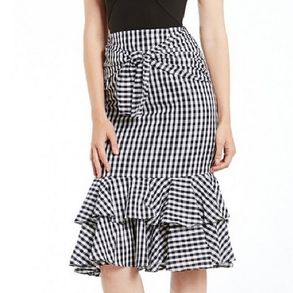 Gianni Bini Gingham Ruffle Cotton Midi Skirt Size M